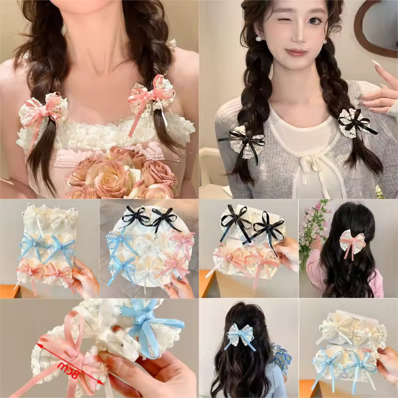 2Pcs Hair Clips Elegant Lace Bow Hairpins Women Fashion Red Ribbon White Floral Design Travel Casual Hair Accessory Заколки 집게핀