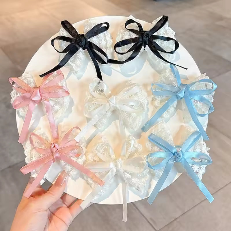 2Pcs Hair Clips Elegant Lace Bow Hairpins Women Fashion Red Ribbon White Floral Design Travel Casual Hair Accessory Заколки 집게핀